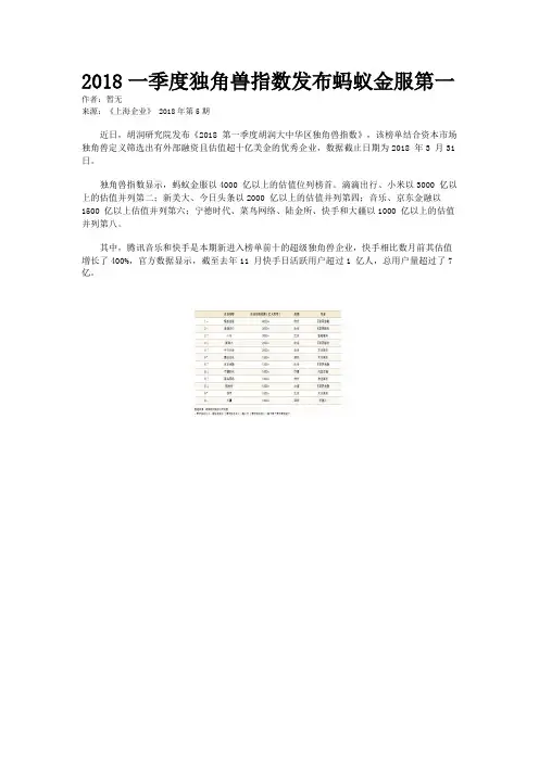 2018一季度独角兽指数发布蚂蚁金服第一