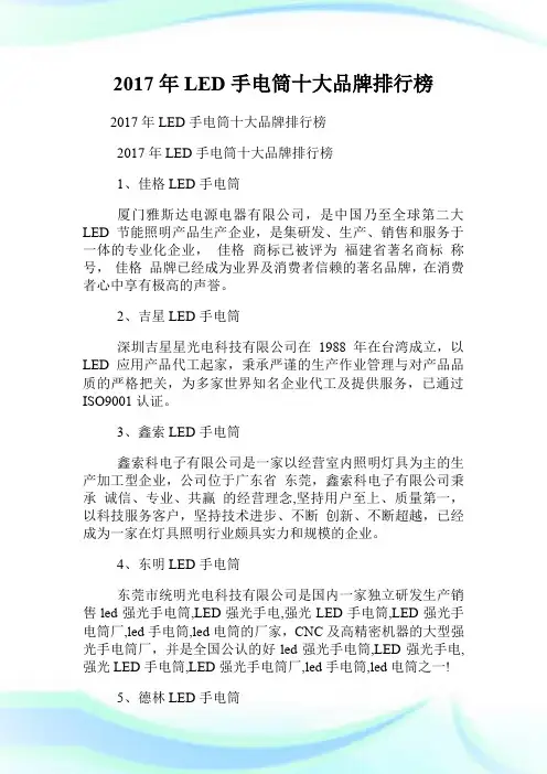 20XX年LED手电筒十大品牌排行