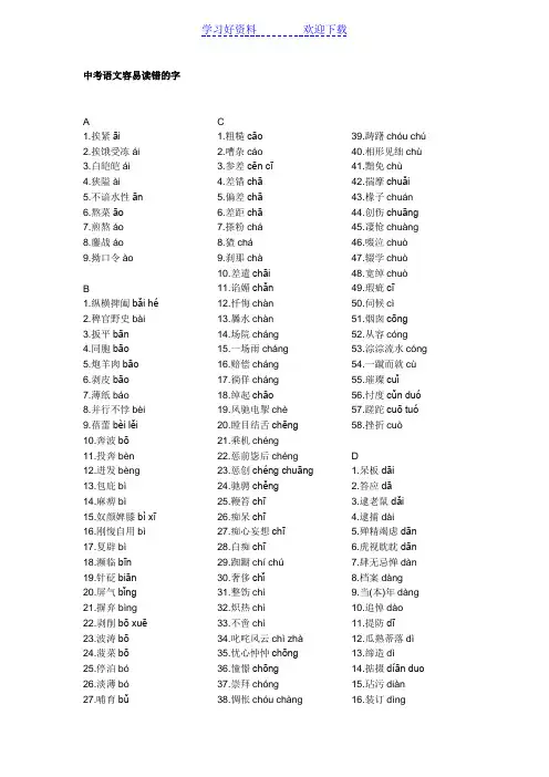 中考语文拼音易错字大全