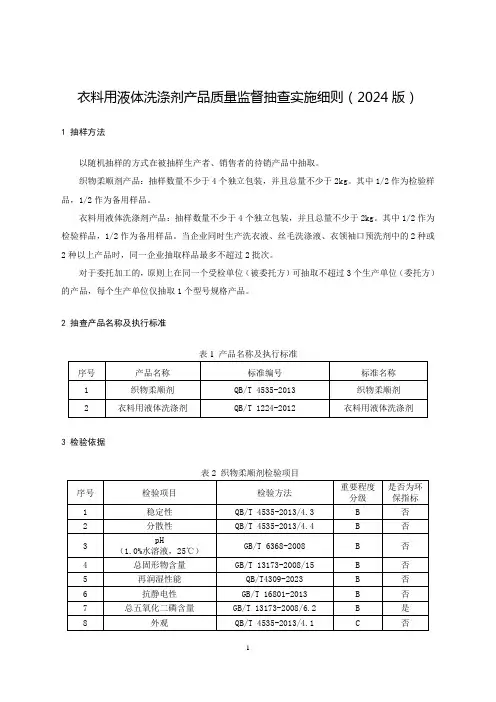 衣料用液体洗涤剂产品质量监督抽查实施细则