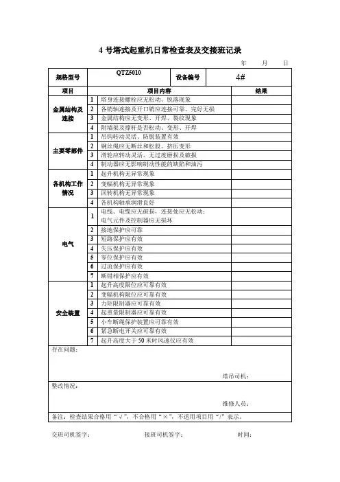 塔式起重机日常检查表及交接班记录
