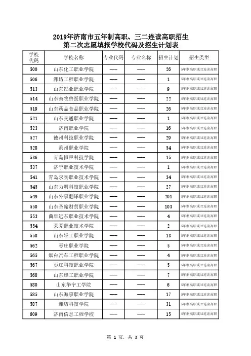济南市2019年五年高职、三二连读高职招生第二次志愿填报招生计划一览表