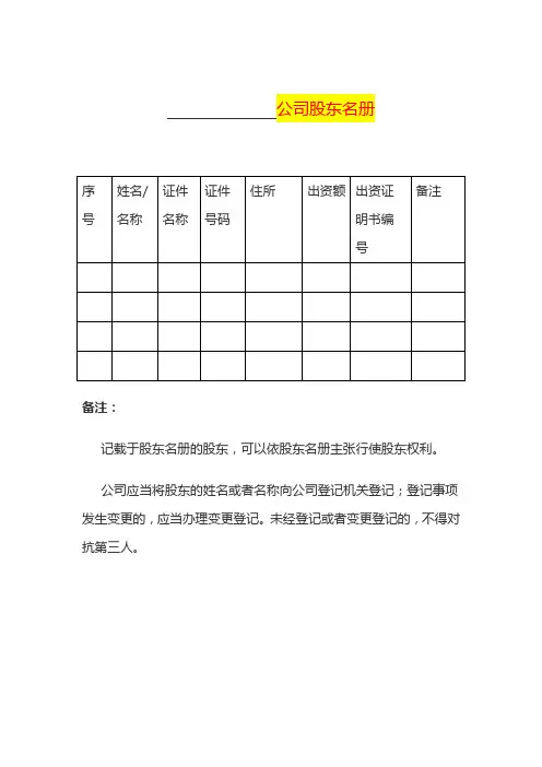 公司股东名册模板
