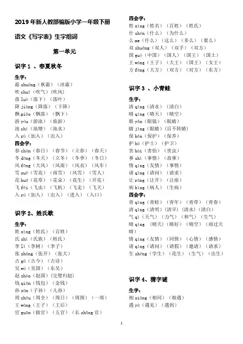 2019年新人教部编版小学一年级下册语文《写字表》生字组词