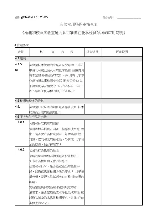 2016年实验室现场评审核查表CL10-
