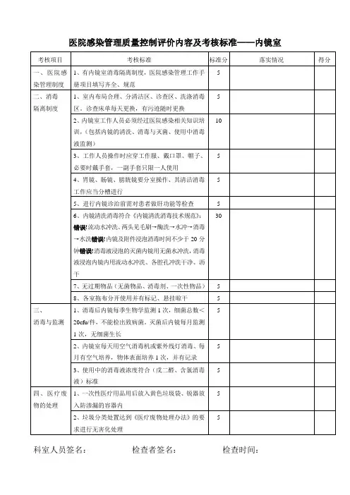 医院感染管理质量控制评价内容及考核标准(胃镜室)