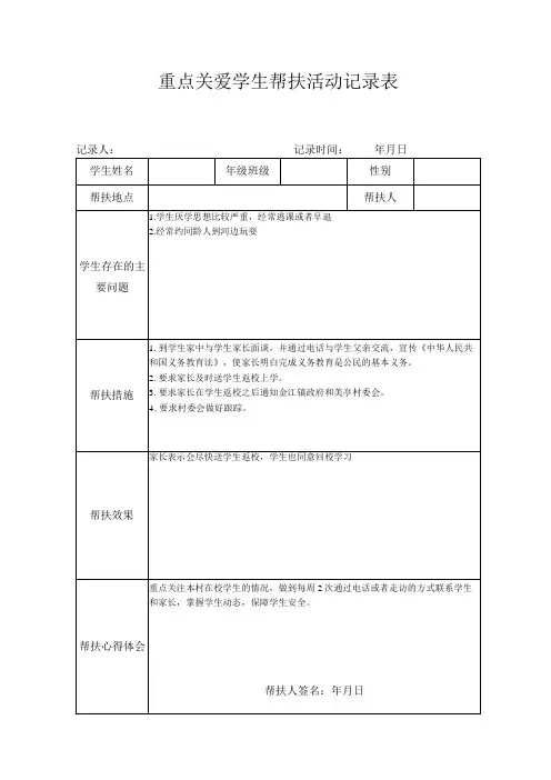 重点关爱学生帮扶活动记录表