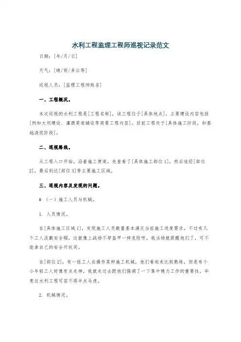 水利工程监理工程师巡视记录范文