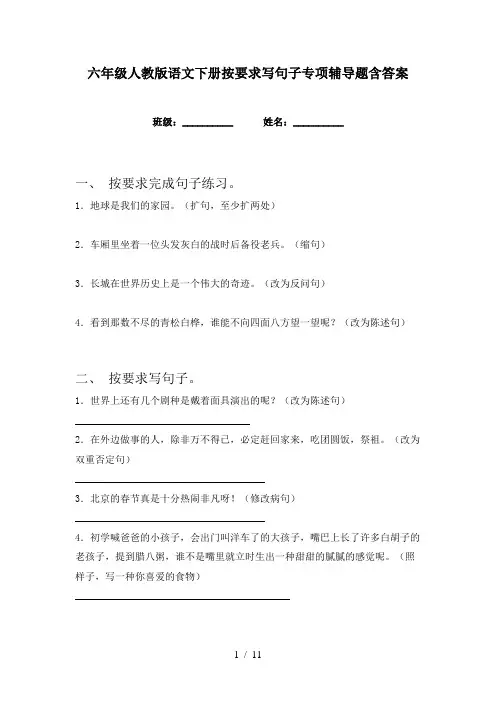 六年级人教版语文下册按要求写句子专项辅导题含答案