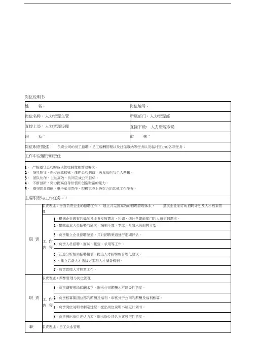 房地产公司人力资源主管岗位说明书