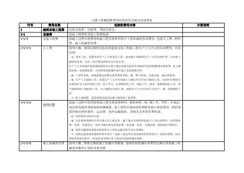 公路工程概预算费用组成及其详细内容说明表