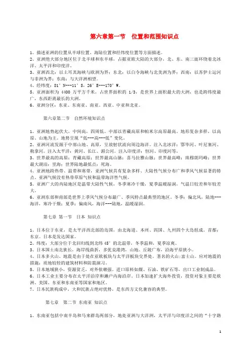 费县第二中学七年级地理下册 期中背诵提纲 新人教版