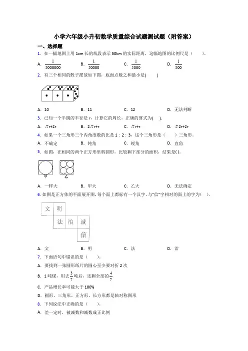 小学六年级小升初数学质量综合试题测试题(附答案)