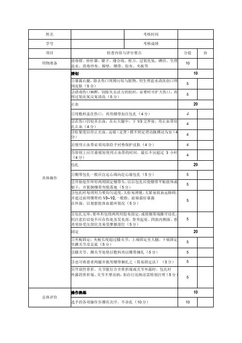 (开放性伤口的止血包扎)评分标准