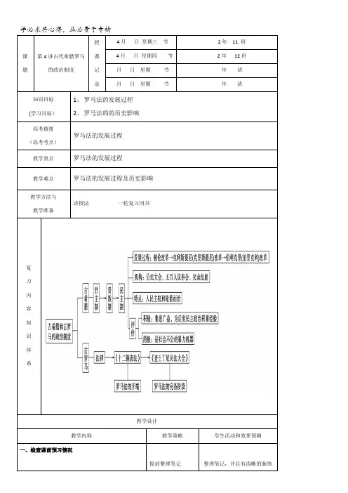 内蒙古开鲁县蒙古族中学2017届高三历史复习：第4讲古代希腊罗马的政治制度(第二课时)教案