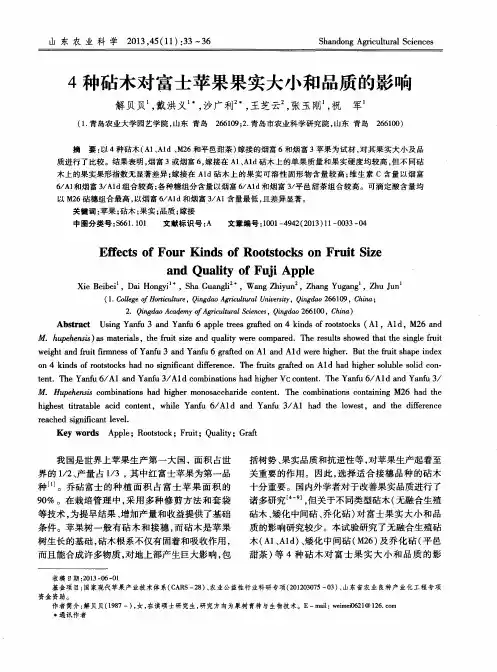 4种砧木对富士苹果果实大小和品质的影响