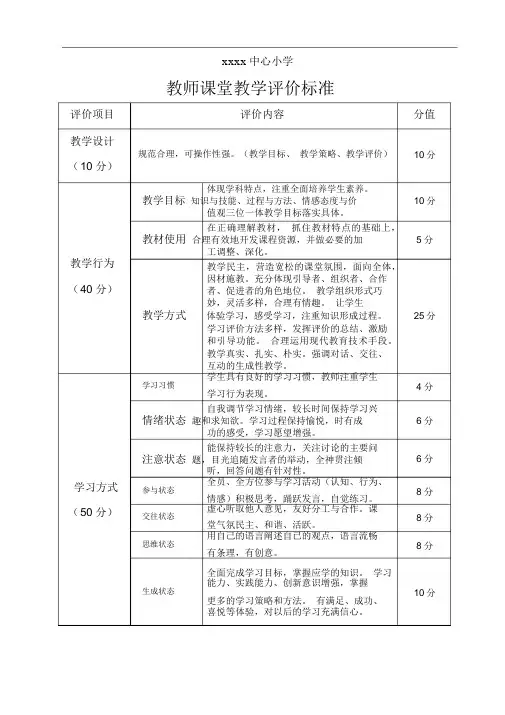 xxx小学教师课堂教学评价标准