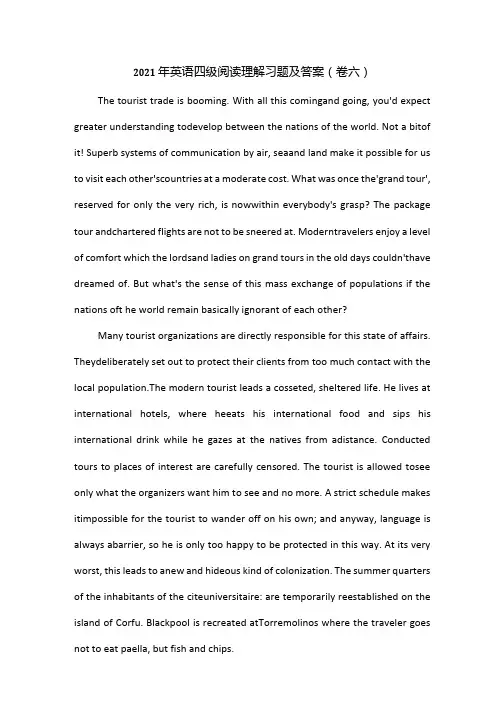2021年英语四级阅读理解习题及答案(卷六).docx