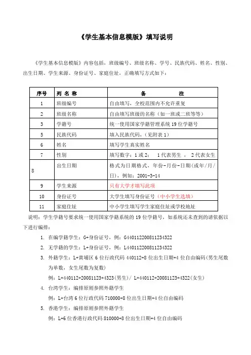 《学生基本信息模版》学籍填写说明