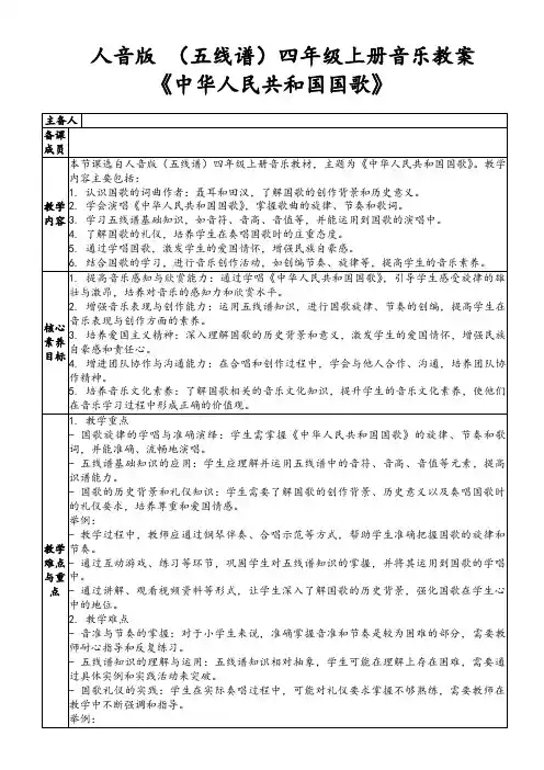 人音版(五线谱)四年级上册音乐教案《中华人民共和国国歌》
