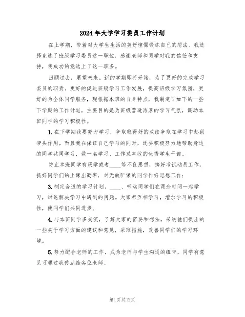 2024年大学学习委员工作计划（五篇）