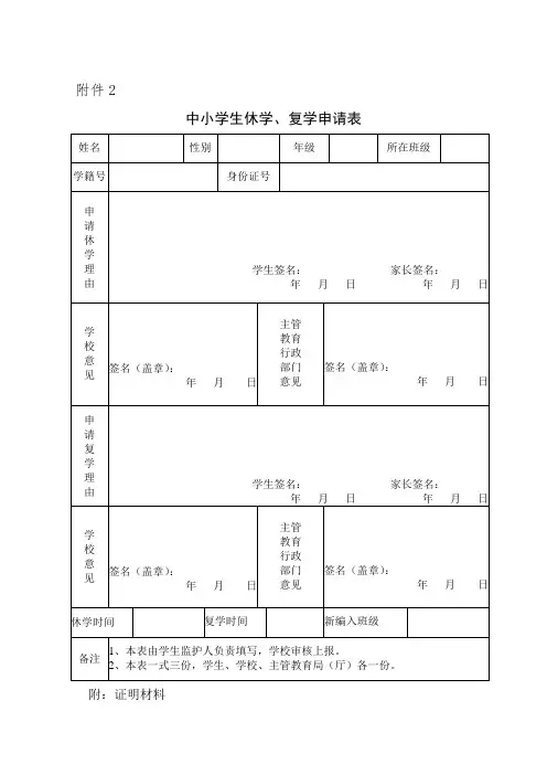 中小学转学、休学、复学、退学申请表以及流程