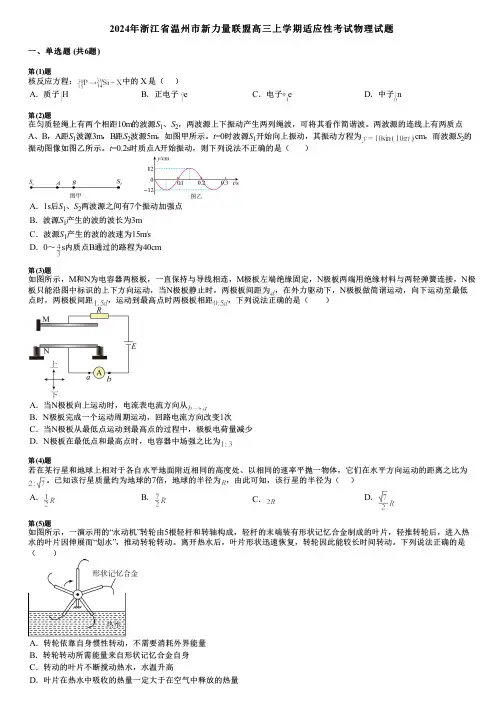 2024年浙江省温州市新力量联盟高三上学期适应性考试物理试题