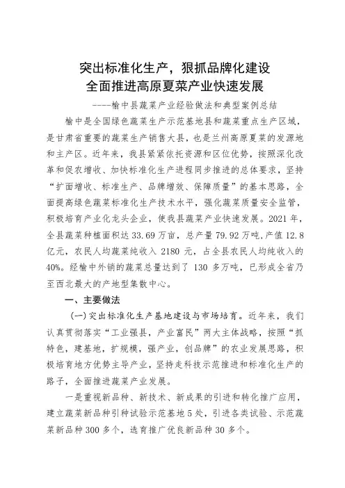 榆中县蔬菜产业经验做法和典型案例总结