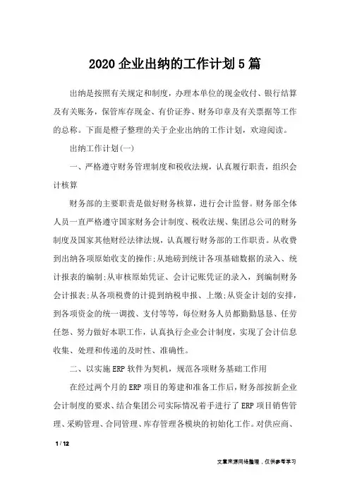 2020企业出纳的工作计划5篇_工作计划