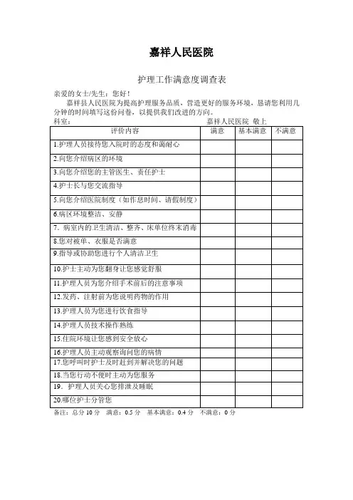 护理工作满意度调查表