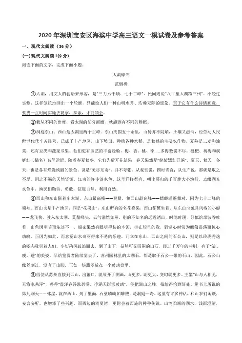 2020年深圳宝安区海滨中学高三语文一模试卷及参考答案