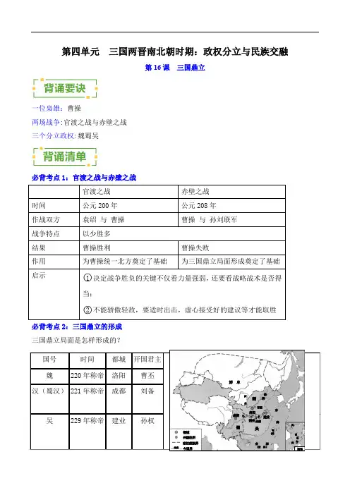 第四单元 三国两晋南北朝时期：政权分立与民族交融  知识清单人教版2024七年级历史上册