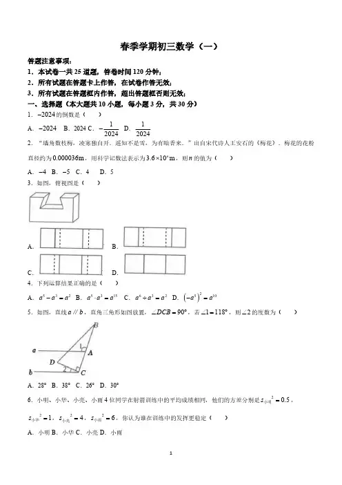 2024年广东省茂名市博雅中学中考一模数学试题(含答案)