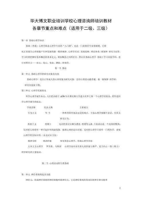 心理咨询师培训教材各章节重点和难点