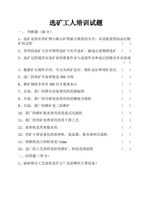 选矿厂工人培训试题