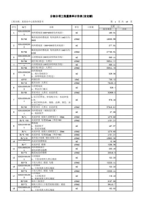 分部分项工程量清单计价表(带定额)