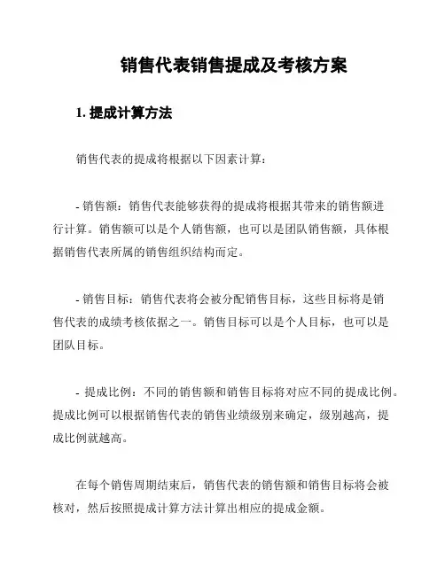 销售代表销售提成及考核方案