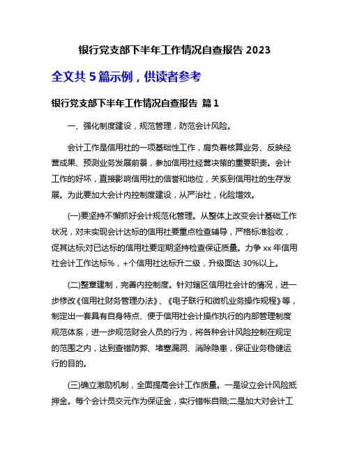 银行党支部下半年工作情况自查报告2023