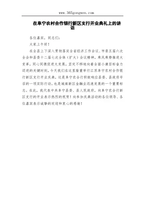 在阜宁农村合作银行新区支行开业典礼上的讲话