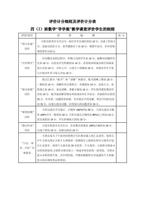 评价计分细则及评价计分表