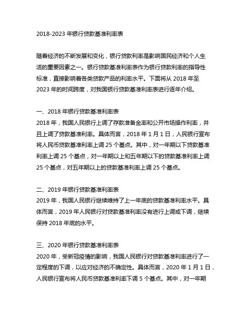 2018-2023年银行贷款基准利率表
