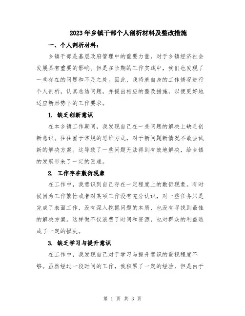 2023年乡镇干部个人剖析材料及整改措施