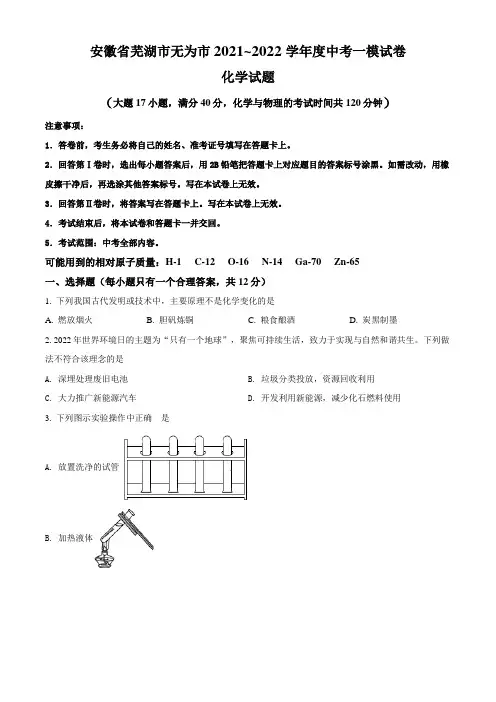 安徽省芜湖市无为市2022届中考一模化学试题(含答案与解析)