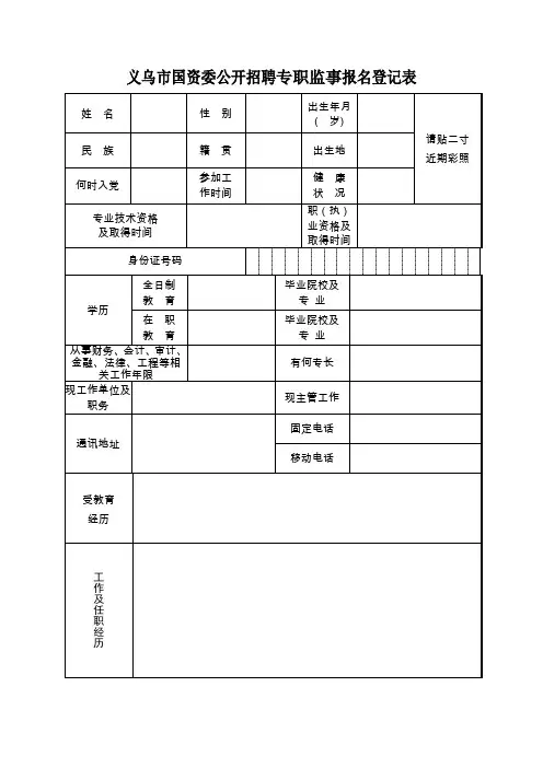 义乌市国资公开招聘专职监事报名登记表