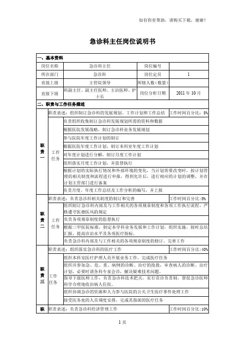 急诊科主任岗位说明书