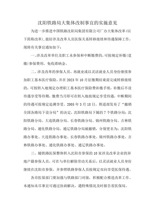 沈阳铁路局大集体改制事宜的实施意见