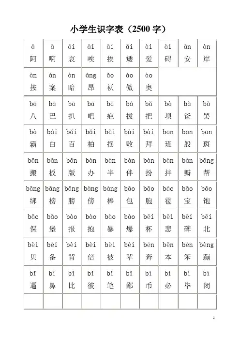 小学生识字表(小学生常用汉字2500字带拼音)