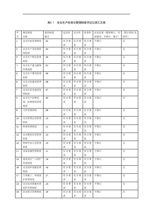 安全生产标准化制度检查评定汇总表