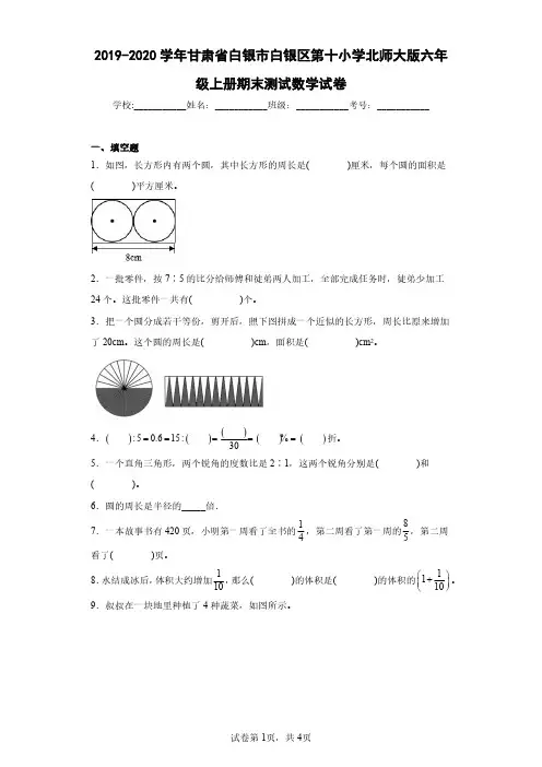 2019-2020学年甘肃省白银市白银区第十小学北师大版六年级上册期末测试数学试卷(含答案解析)