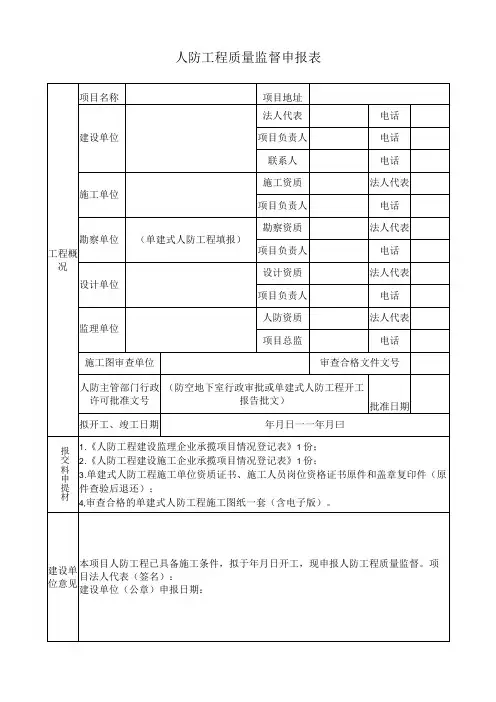 人防工程质量监督申报表